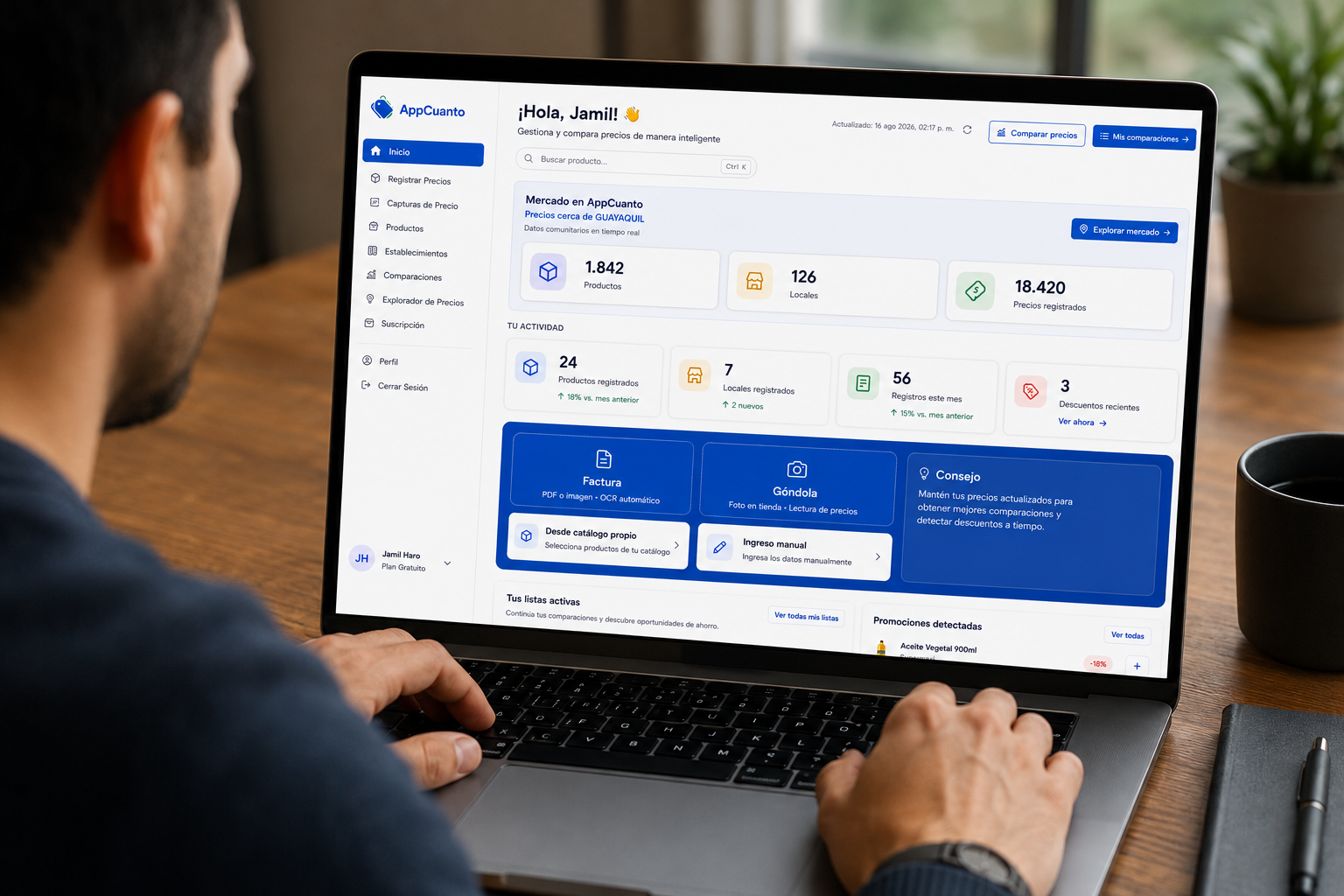 Inicio de AppCuanto en un portátil: mercado comunitario y actividad del usuario